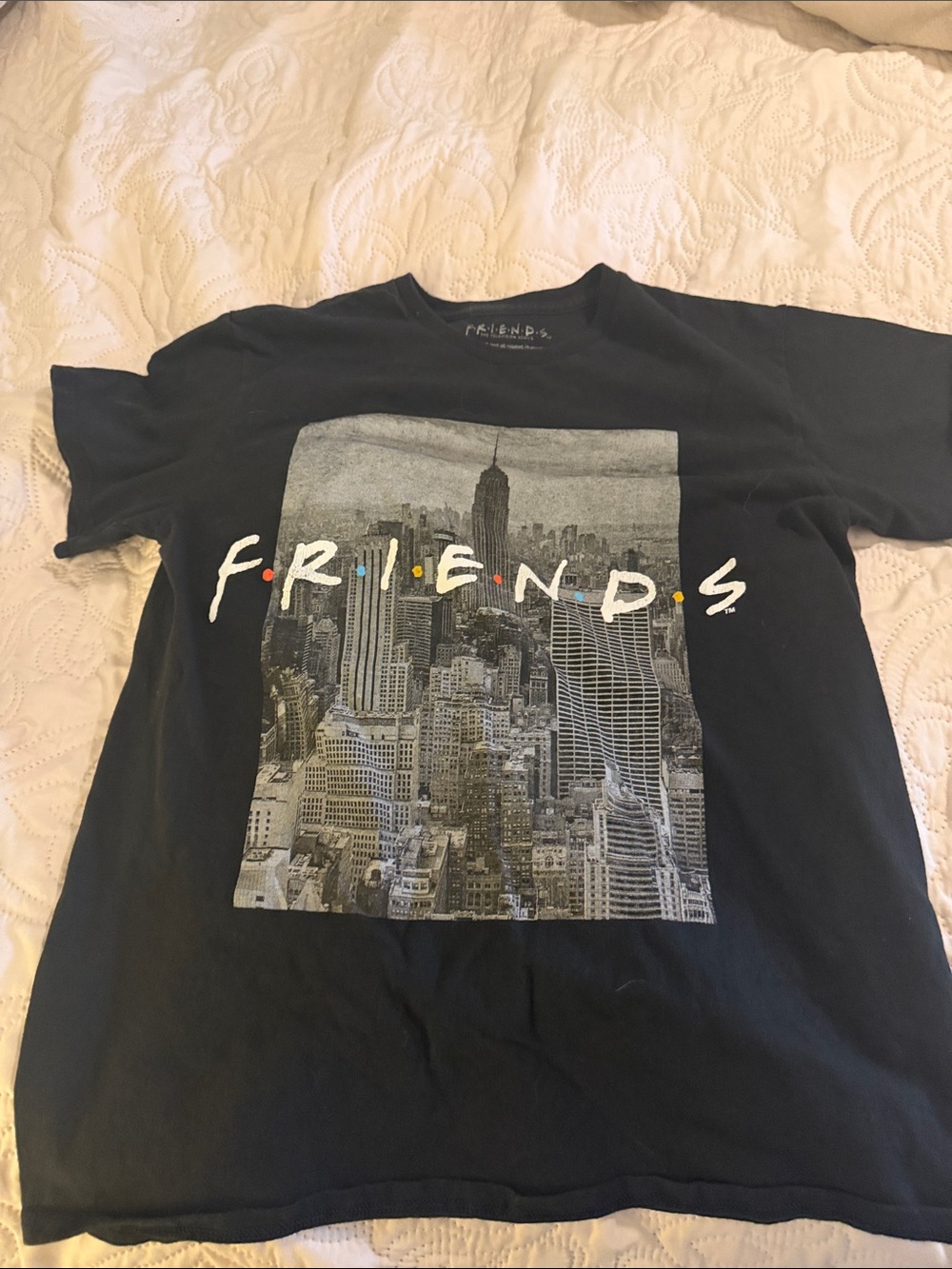 FRIENDS Black Graphic Tee with Monochrome NYC Print and Color Dot Accents